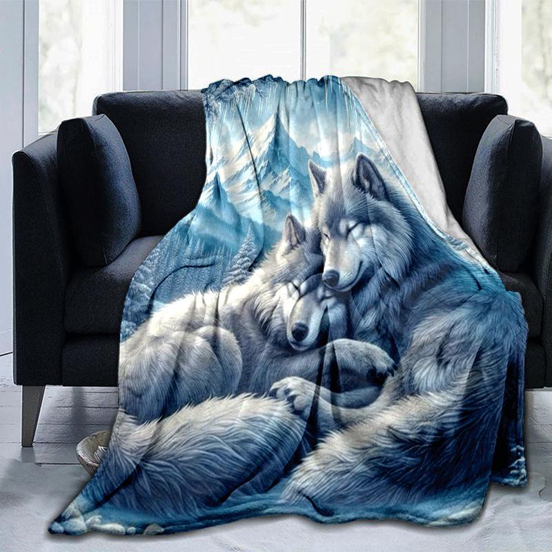 1pc Wolf Printing Lightweight Flannel Blanket, Comfortable and Warm Blanket, for Camping Sofa Bed and Couch Office, in All Seasons
