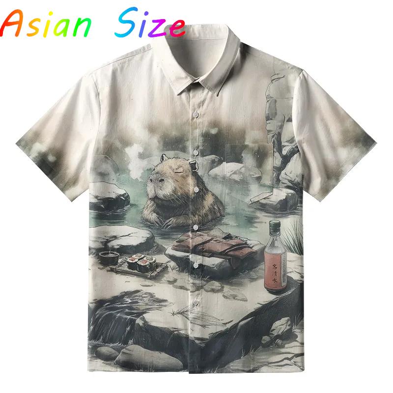Hawaiian Anime Capybara Men's Shirt Funny Capybaras 3D Print Lapel Single Button Beach Hawaii Shirts Unisex Y2k Camisa