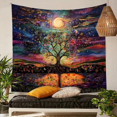 Starry Sky Tree of Life Tapestry Rainbow Gradient Stars Moon and Floral Living Room Feature Wall Room Decor