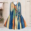 Women Plus Size V Neck Long Sleeve Printed Blue Green Tie Waist A Line Flared Dress