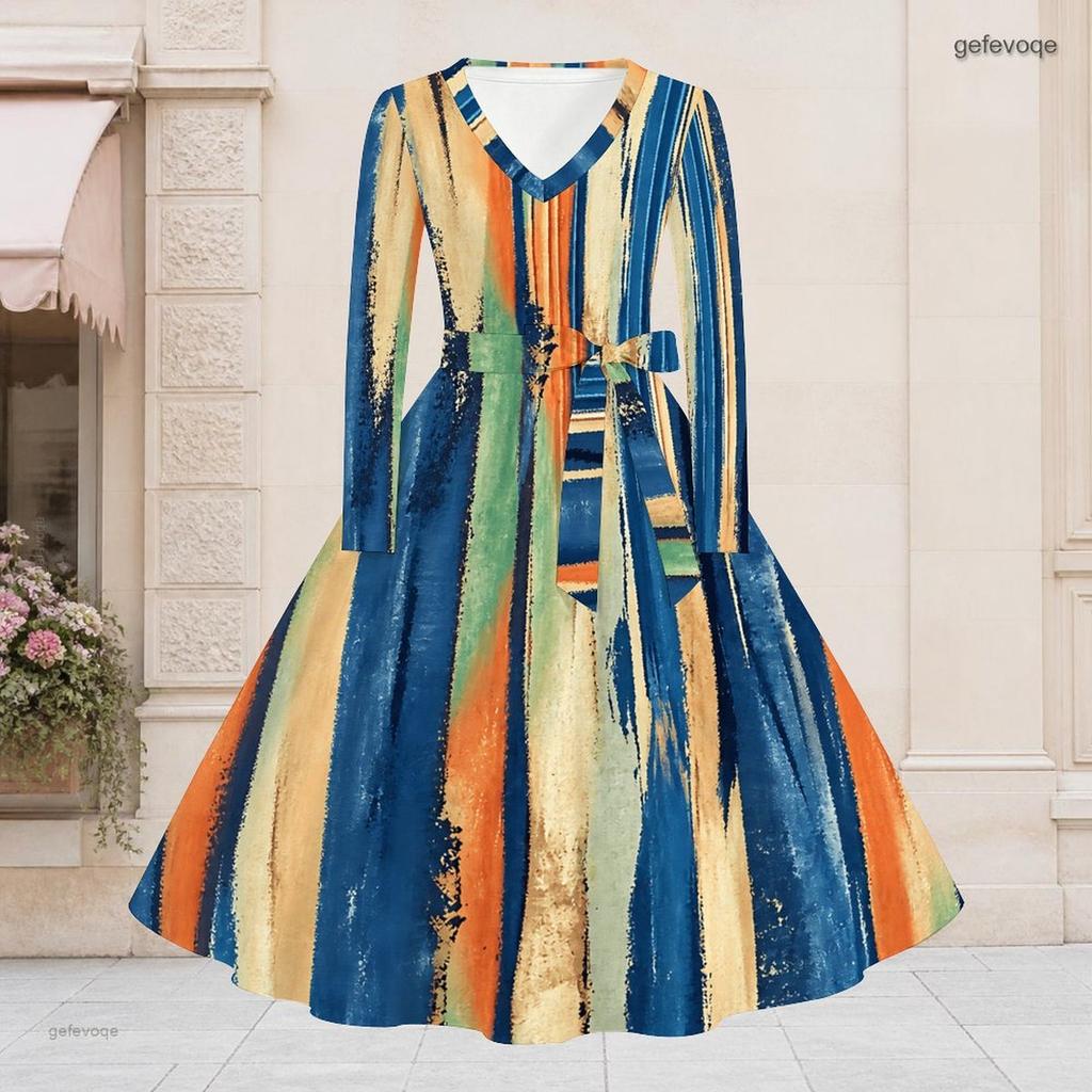 Women Plus Size V Neck Long Sleeve Printed Blue Green Tie Waist A Line Flared Dress