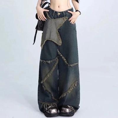 Y2k Vintage Women Jeans Harajuku Star Patchwork Wide Leg Korean Denim Pants Washed Baggy Trousers Streetwear