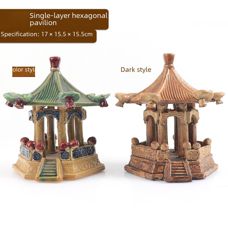 Akvárium Krajina Dekorace: Kamenná skalka absorbující vodu a ozdoba z keramického pavilonu na bonsai