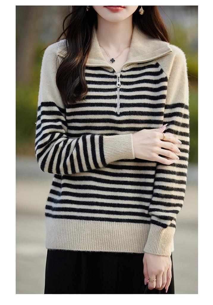 Women's 100% Pure Wool High Neck Half Zip Cashmere Sweater - Loose Knit Pullover