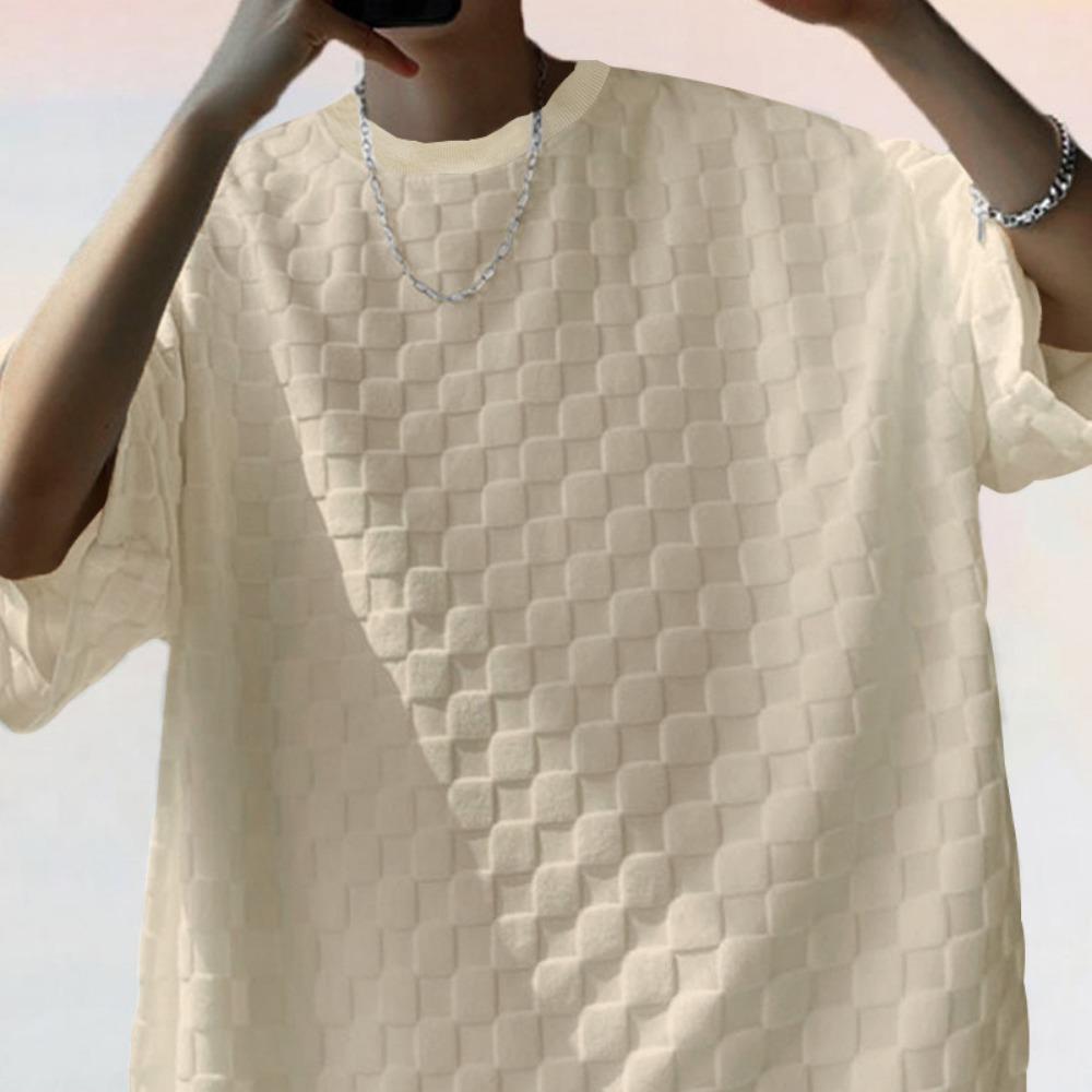 Men's Sports Suit Summer New Korean High Street Jacquard Plaid T-shirt Shorts Two-piece Set Male Casual Retro Loose O-neck Top