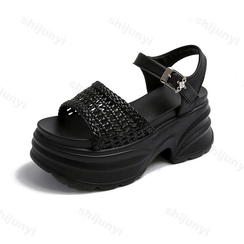 

Fashion Elegant Hollow Wedge Heel Casual Thick Soled Sandals for Women 2025 Summer Open Toes Comfortable Versatile Fashion Single Shoes 34 чёрный