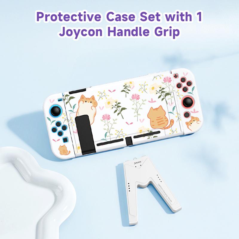 1 Piece Orange Cat and Flower Protective Case with 1 Gamepad Grip for Switch NS/Oled, Drop and Scratch Resistant