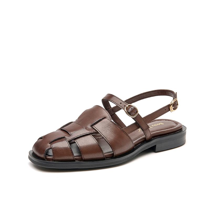 BEAUTODAY Gladiatorsandalen Dames Echt Koeienleer Solide Bedekte Teen Gesp Metalen Decoratie Zomer Dames Platte Schoenen Handgemaakt 32406 6.5 gray