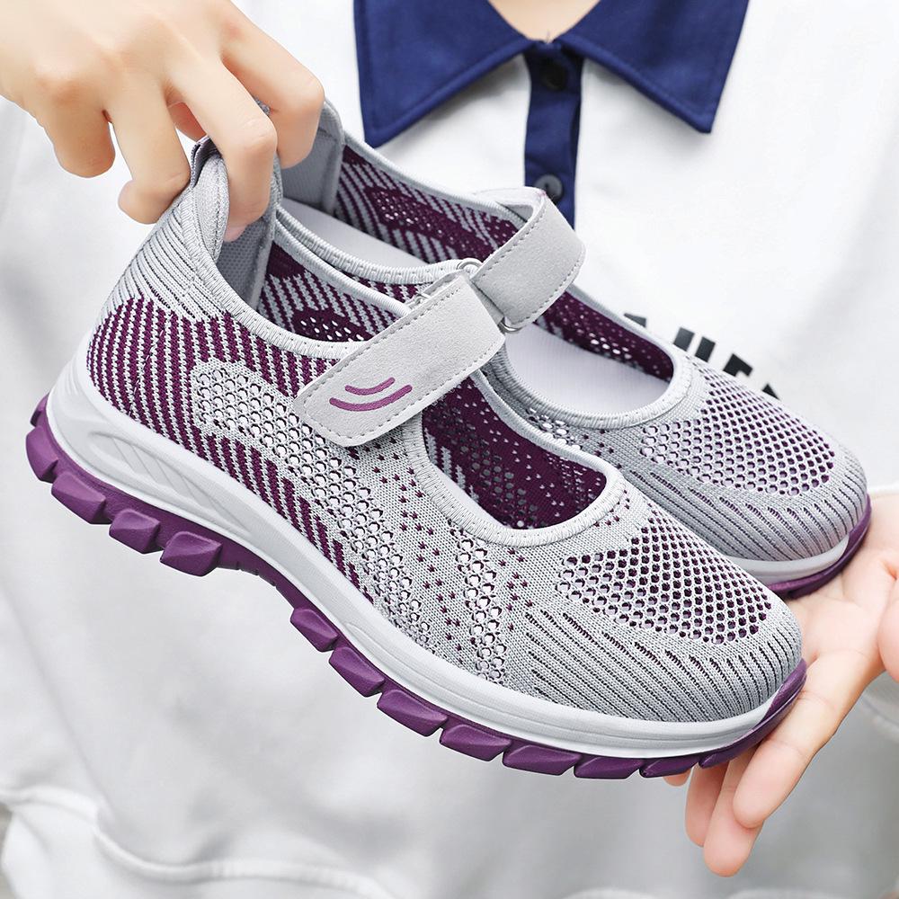 Sapatos de Caminhada Respiráveis de Malha Flyknit com Velcro para Mulheres de Meia-idade e Idosas