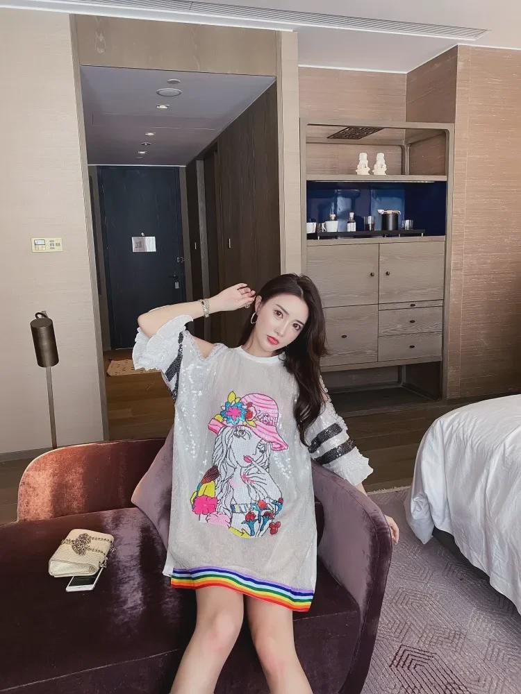 Street Celebrity Sequin Summer T-Shirt - Loose Fit, Short Sleeve, White