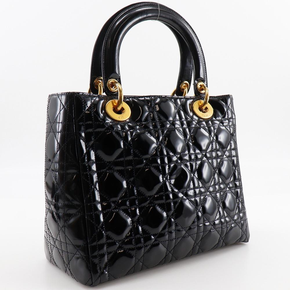 Dior Lady Dior Medium Handbag Canage Black Patent Leather Women Used