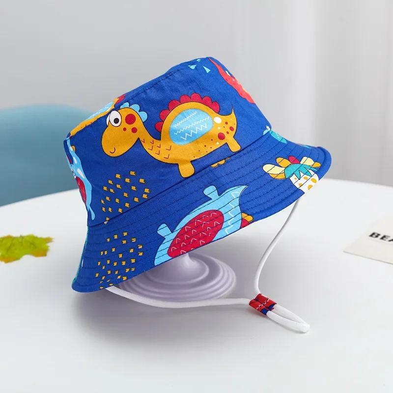 Baby Sun Hat Summer Kids Cartoon Dinosaur Print Soft Cotton Bucket Hat For Girls Boys Panama Beach UV Protection Cap Children