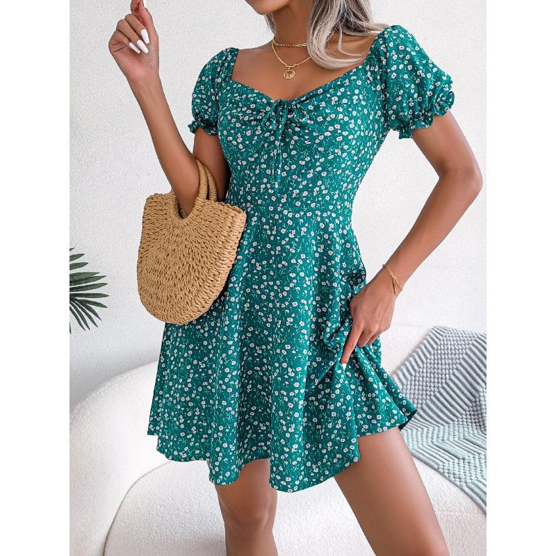 Women's Spring and Summer Leisure Flared Sleeve Drawstring with Floral Big Swing Dress