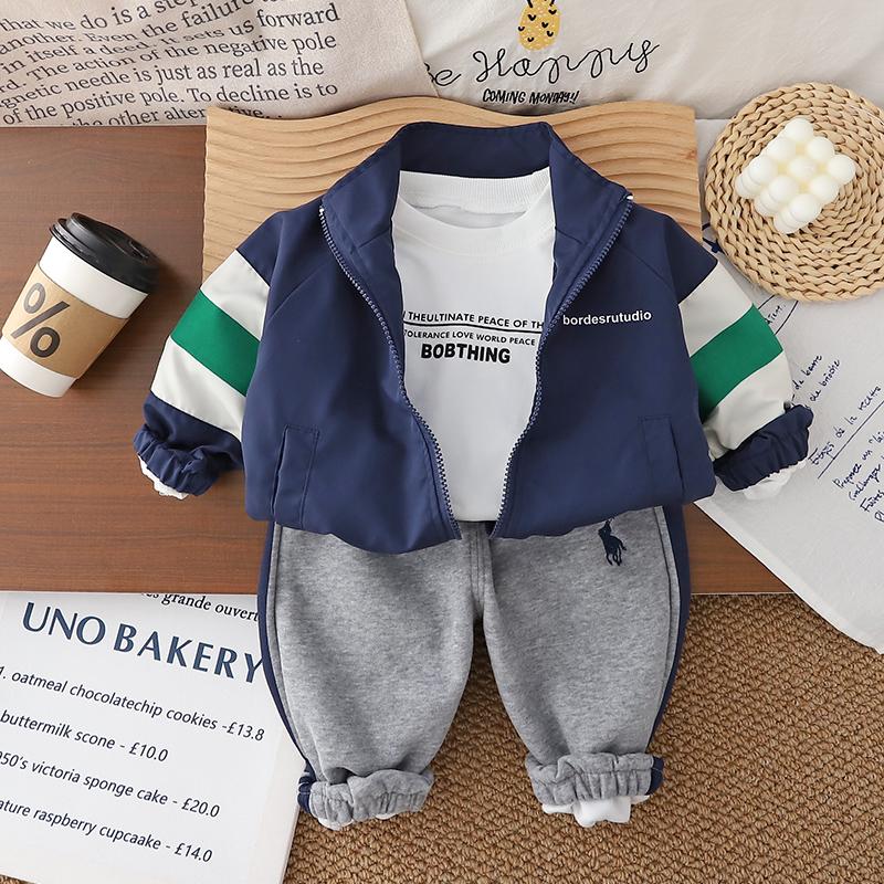 Boys' long sleeved 3-piece set, Children's zipper striped jacket, round neck white letter T-shirt, Casual pants