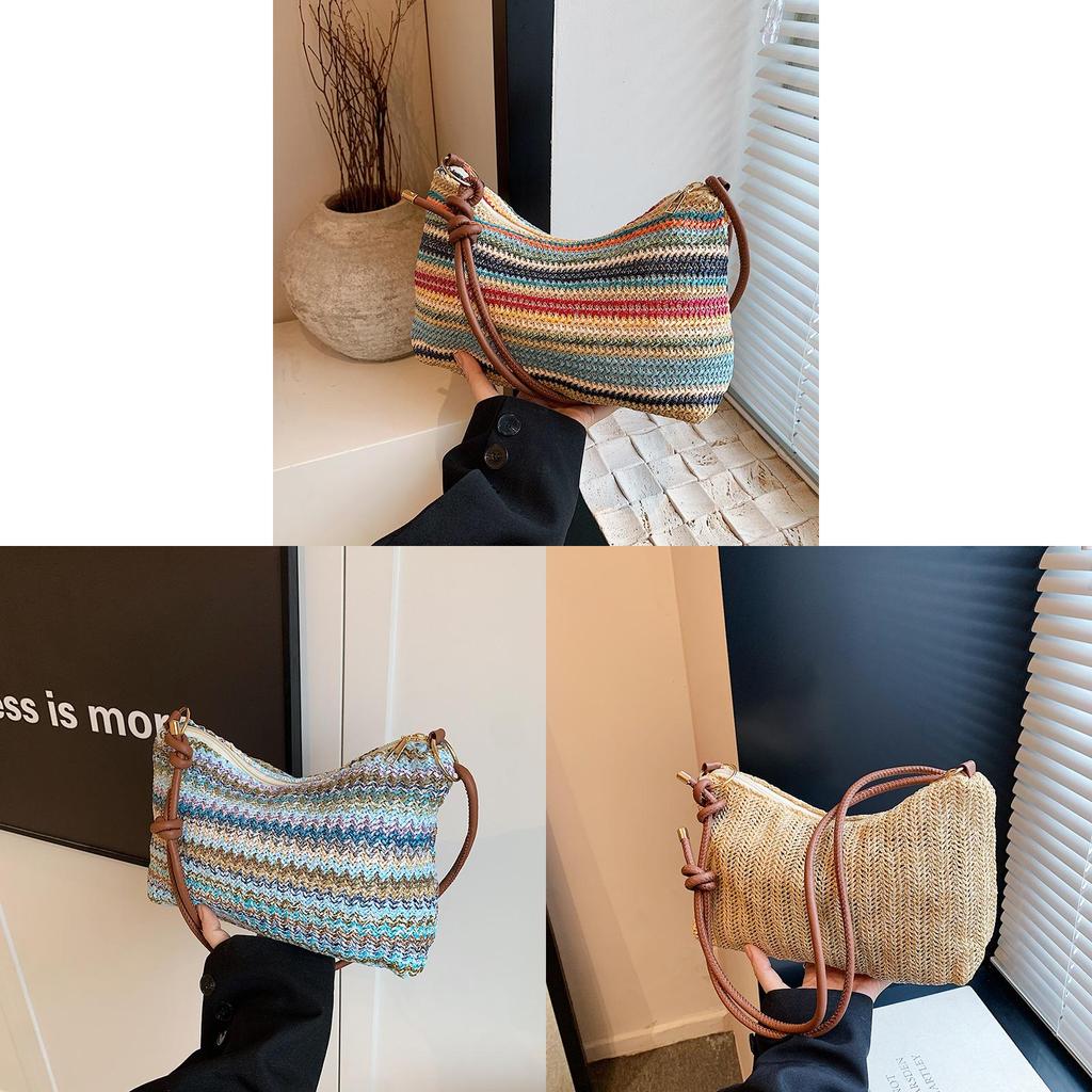 Summer Women Woven Bag With Zipper Closure For Casual Daily Use