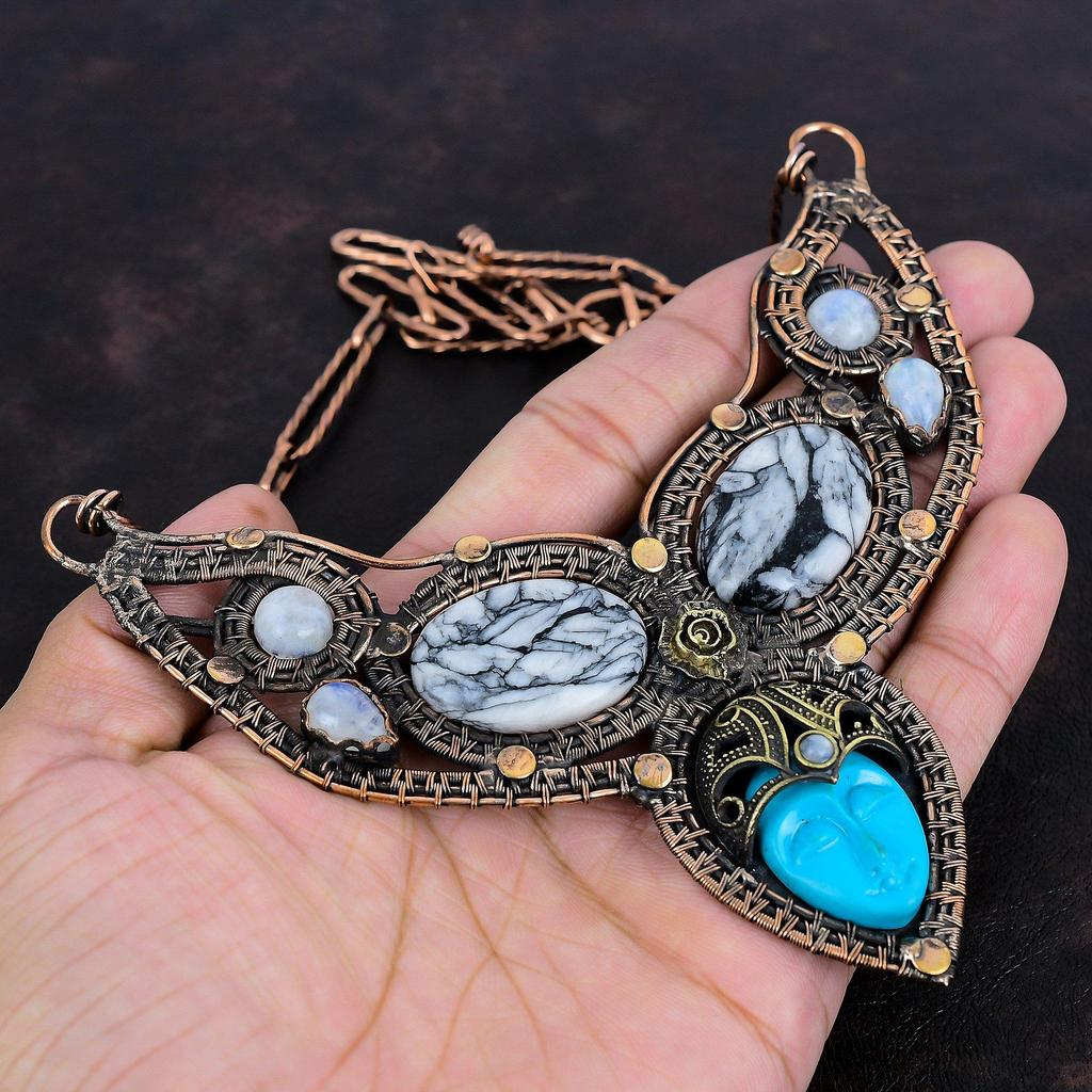 Blue Carved Bone Face Necklace Copper Wire Wrapped Gemstone Necklace Pinolith Jasper & Moonstone Necklace Handmade Adjustable Chain Necklace