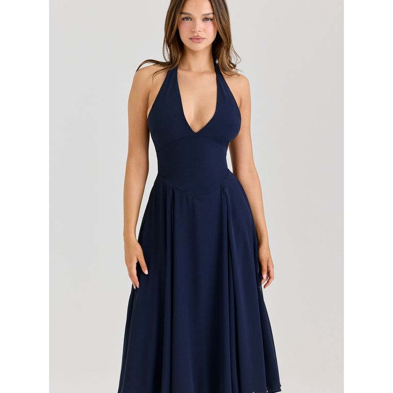 Silk Style House Same Style French Style Elegant Sexy Deep V Backless Hanging Neck Draping Effect Waist Hugging Slimming Dress