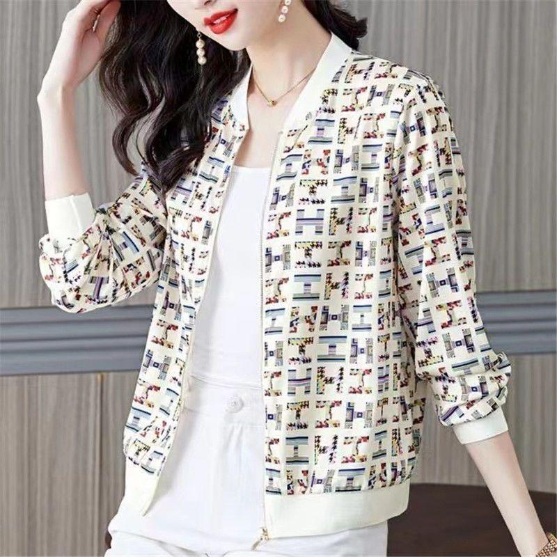Summer Women Chiffon Jacket Thin Breathable Baseball Uniforms Long Sleeve Printed Jacket Loose Short Plus Size Sunscreen