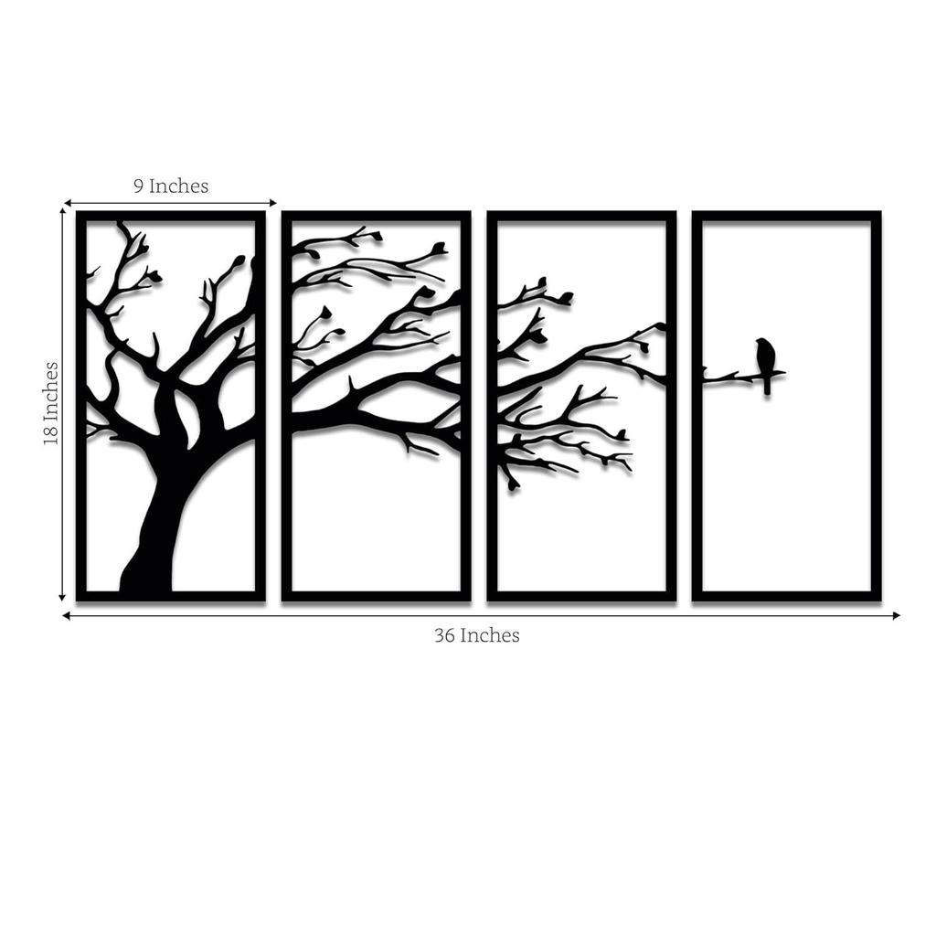Pre-Laminated Pine Wood Bird On a Tree In Wall Art | Laser Cut Precision | For Home Décor | For Gifting (Set of 4)