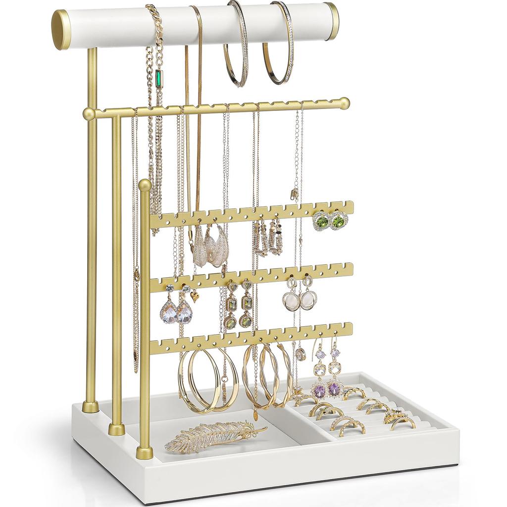 VLANDO Accessory Stand Necklace Stand Earring Stand Leather Tray Ring Storage Jewelry Storage Earrings Gift (White)
