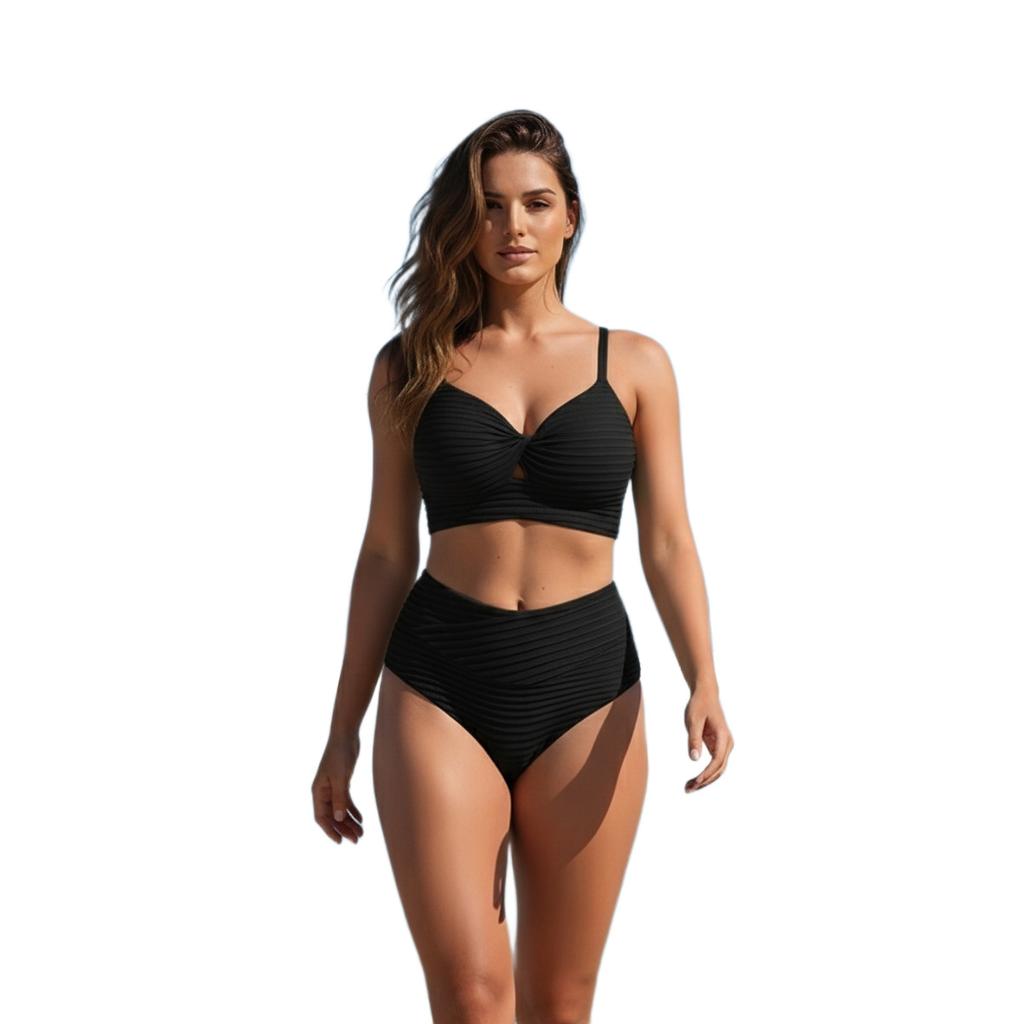 New European And American Solid Color Split Swimsuit Gathers Sexy High Waist Beach Bikini Swimsuit Bikini