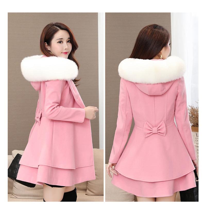 Women's contrasting color fur collar woolen jacket Nizi coat slim fit