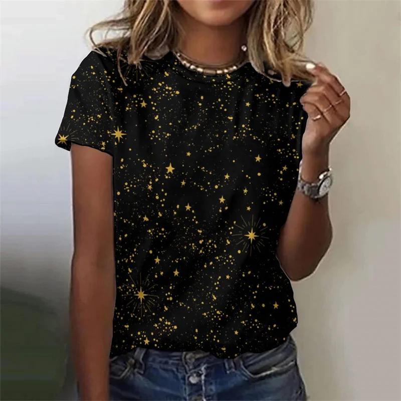 Large Size 3D Printed Sun Star Moon Women's T-shirt, Starry Sky Pattern T-shirt, Casual Loose T-shirt, Round Neck Top, Short Sleeved Shirt