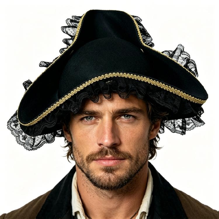 Sombrero de Pirata Teatral de Lujo Diseñado con Encaje y Pluma Sombrero de Pirata de Halloween Para Ocasión Especial