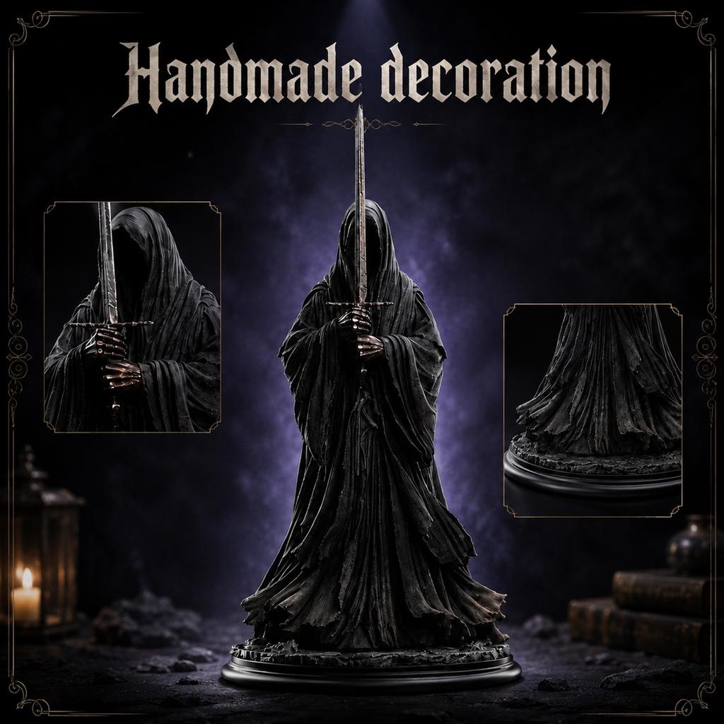 Collectible Dark Cloaked Figure Model Statue with Sword Standing on Decorative Base Detailed Design for Display and Collection