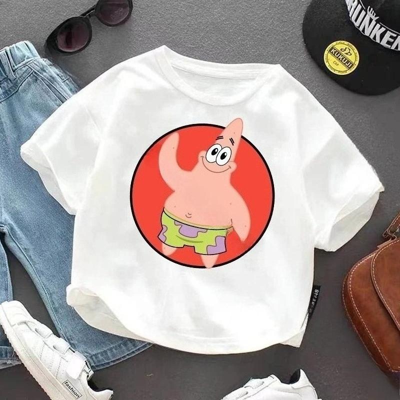 SpongeBob SquarePanted Child Short Sleeve TShirt Anime Character Print Cotton Pullover Boys Girls Summer Casual Crew Neck Tops