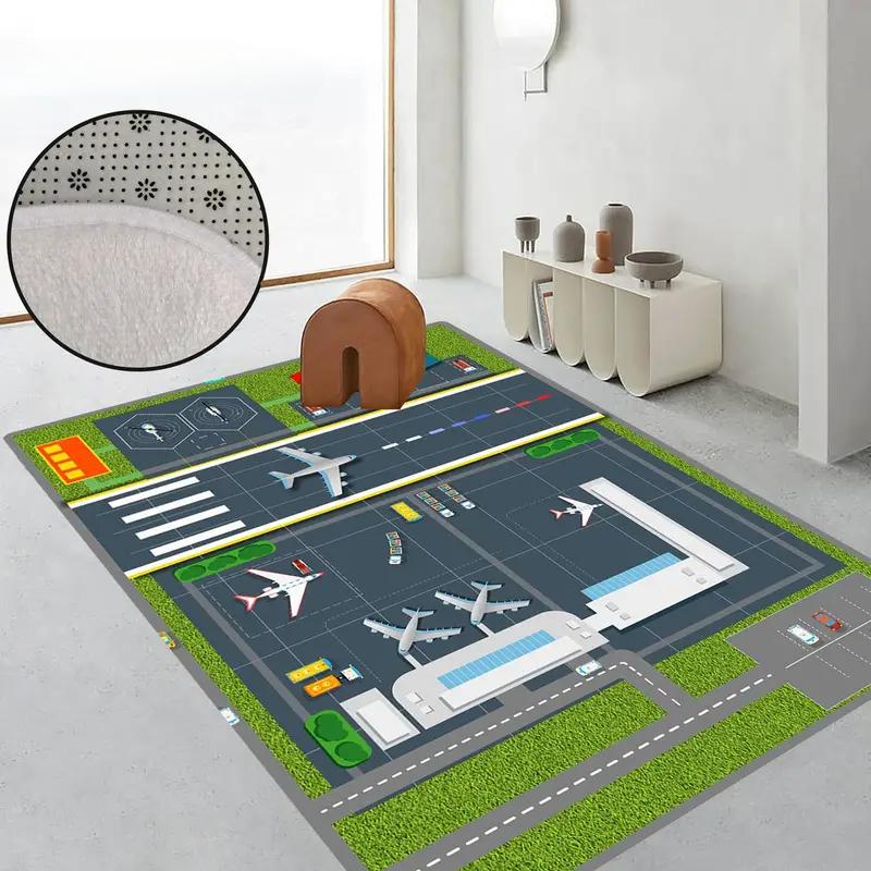 1pcs Kids Play Area Rugs Living Room Airport Landing Strips Top View Airplane Arrival 3D Rug Kids' Bedroom Playroom Decor