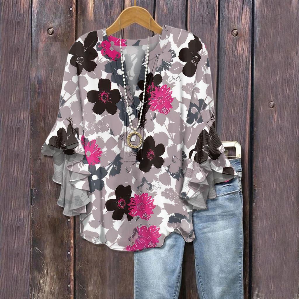Summer Tops For Women Cute V Neck 3/4 Sleeve Blouses Floral Print Top Casual Shirts