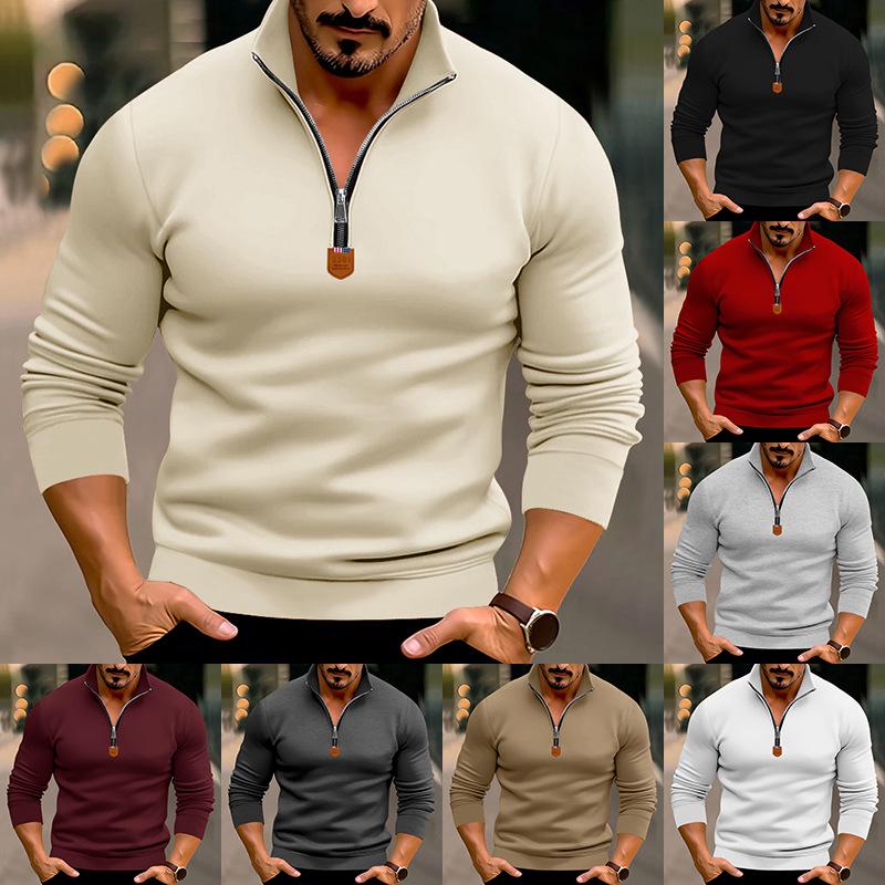 Autumn/Winter Men's Casual Fleece-Lined Solid-Colour Long-Sleeved Half-Zip Stand-Collar Sweatshirt Top