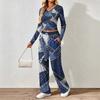 Floral pattern printed women's V-neck long-sleeved trousers set Comfortable casual versatile slim two-piece set