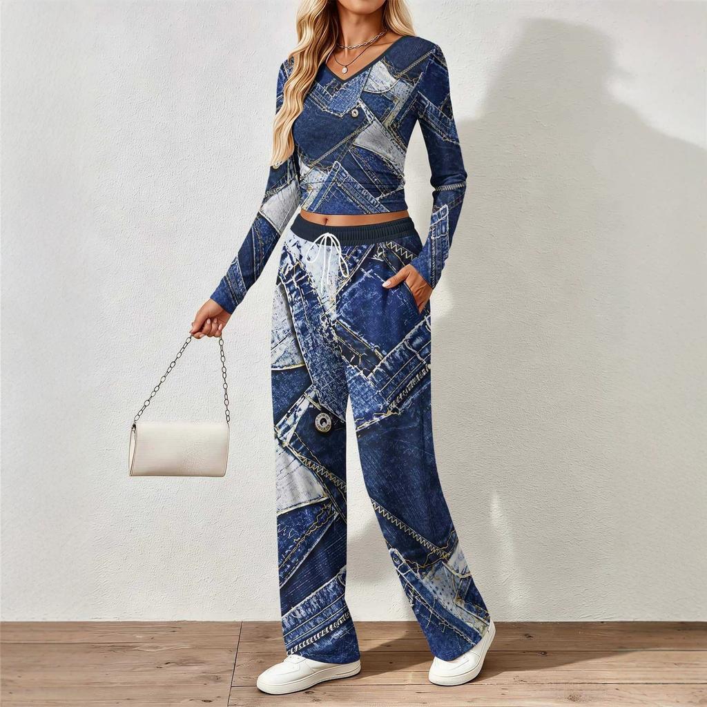 Floral pattern printed women's V-neck long-sleeved trousers set Comfortable casual versatile slim two-piece set