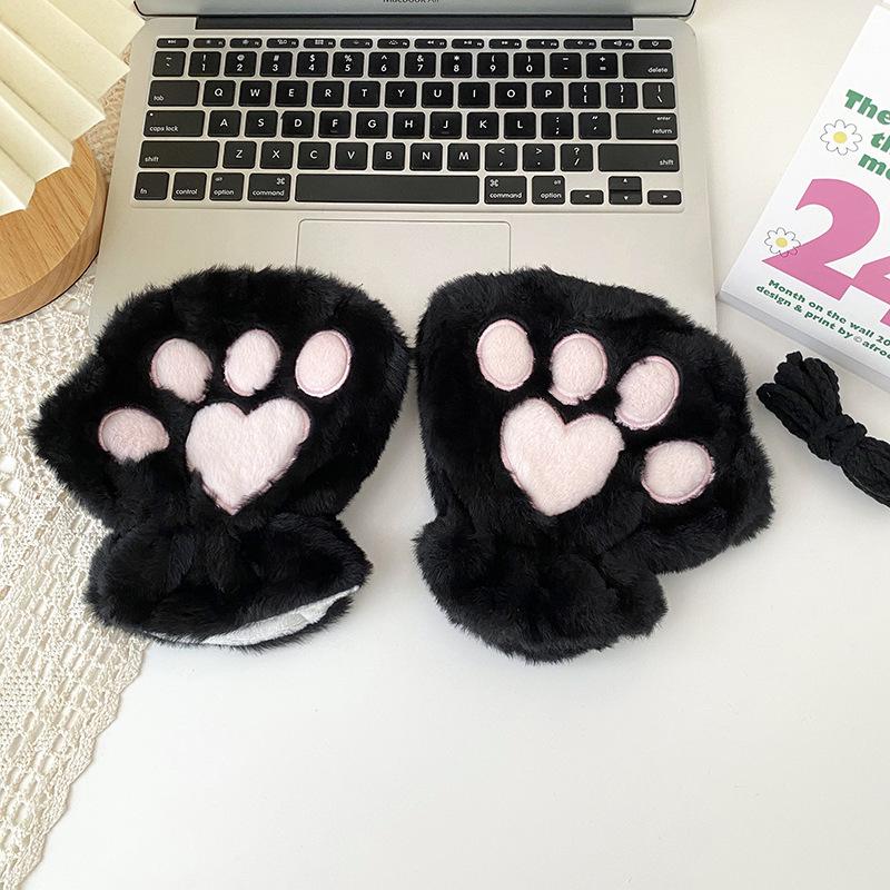 Зимние Милые Плюшевые Перчатки-Варежки с Лапками Медведя, Сенсорные, С Подкладкой для Тепла и Шнурком на Шею One Size чёрный