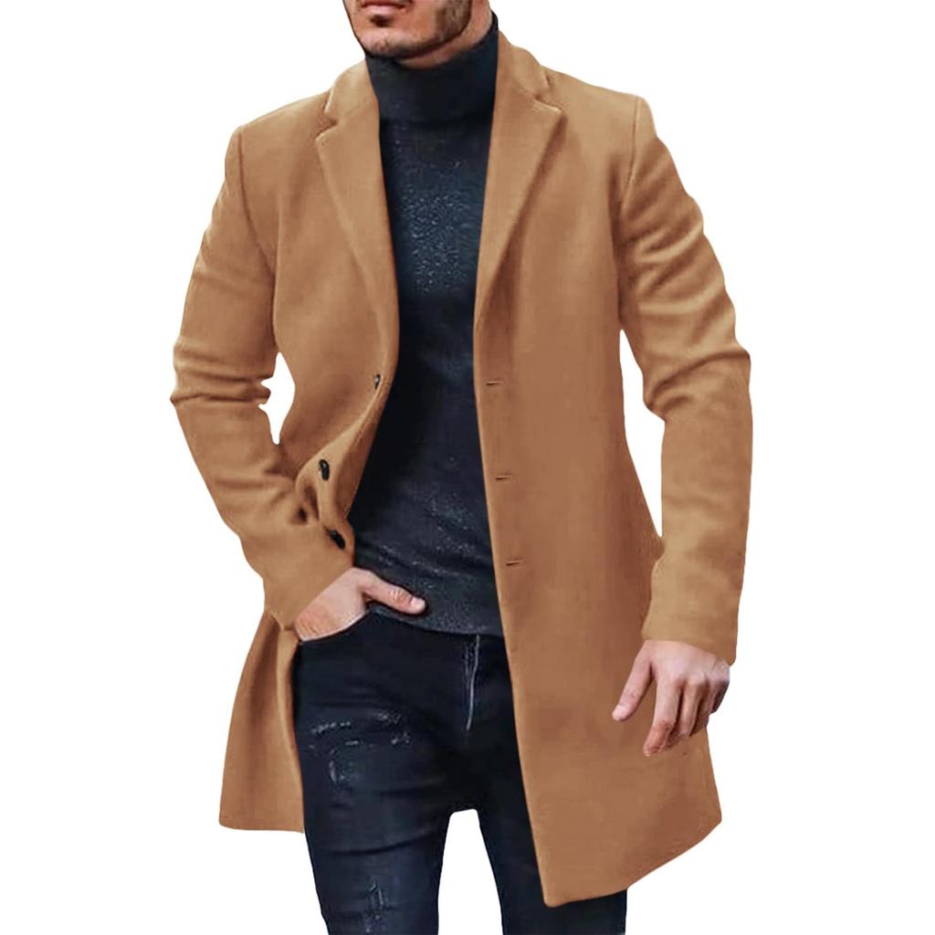 Trench Coat Men Wool Blend Coat Notched Collar Single Breasted Overcoat Business Casual Winter Jacket With Pockets