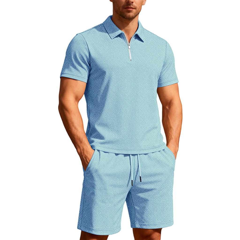 Men'S Color Casual Short Sleeved Pants Two-Piece Fashionable Set