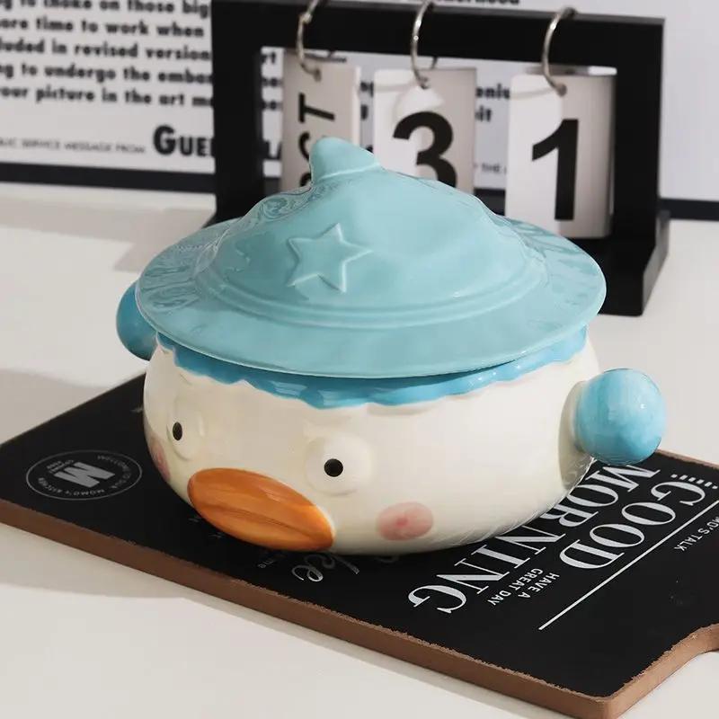 Clown Noodle Bowl Ceramic Dormitory Students with Lid Handle Cute Creative Cutlery Funny Wide Mouth Large Convenient Soup Bowl