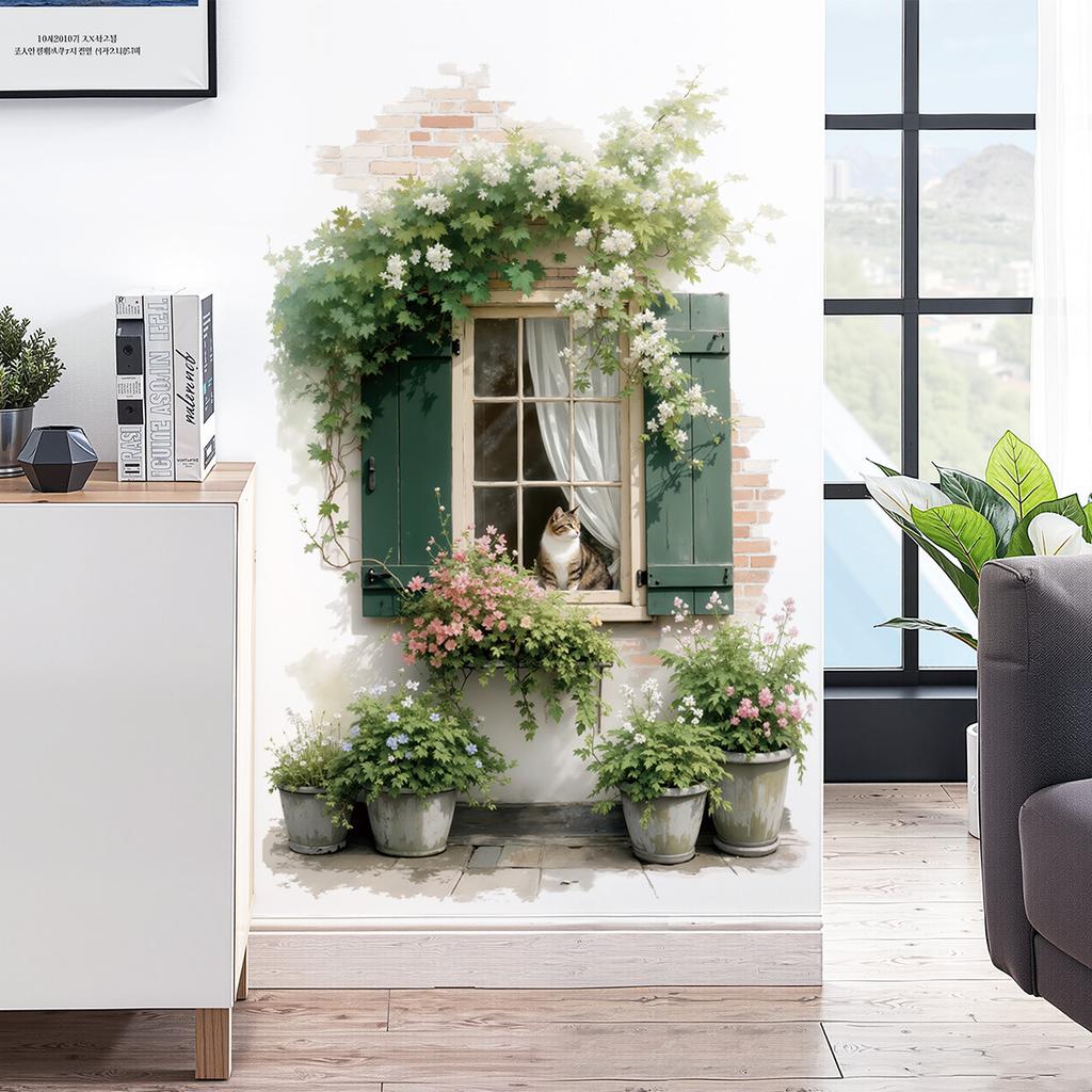 Faux Window with Potted Plants Flowers Wall Sticker Removable Self-Adhesive for Living Room Bedroom Background Wall Decor Art