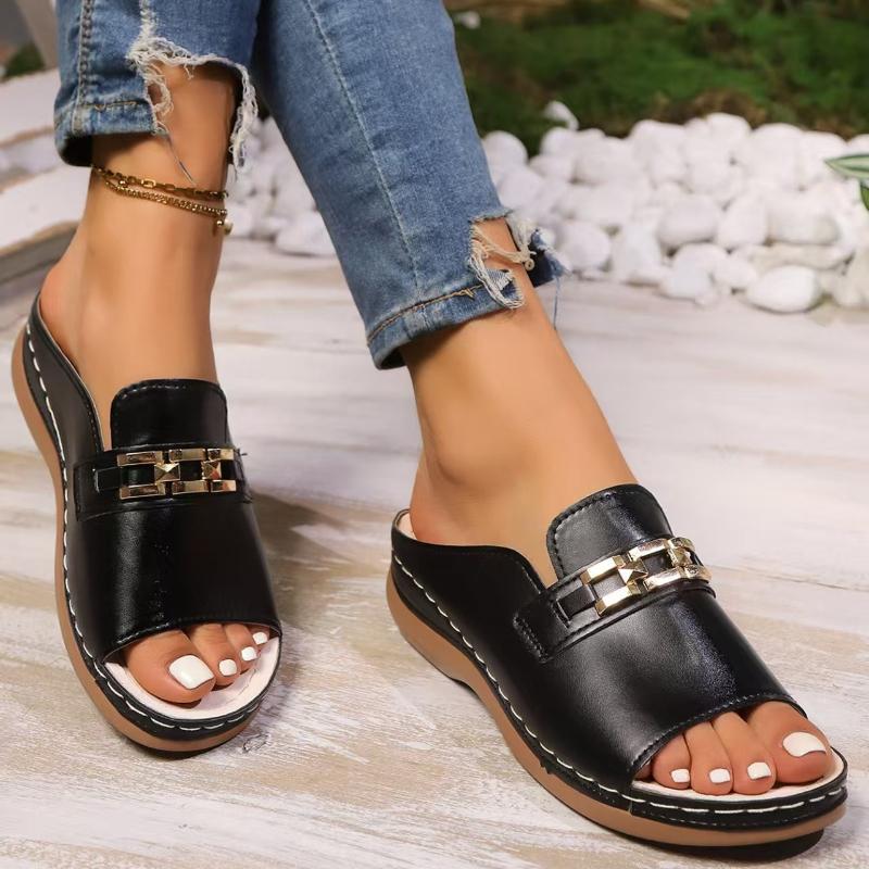 Damenmode Bedruckte Schuhe, Plateau-Keilabsatz-Slipper mit Schnallenverzierung, Schlupf-Hausschuhe, Damen-Außenschuhe