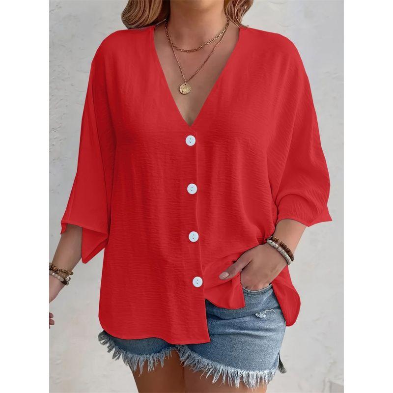 

Fashion Women Blouse Ladies Tops V-neck Button Ice Silk Wrinkle Solid Cardigan Long sleeve Women Red 3XL