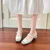 Sheepskin Not Tired Feet Single Shoes Square Head Rhinestone One-word Buckle Thick Heel Mary Jane Shoes Women's High Heel Ballet Shoes