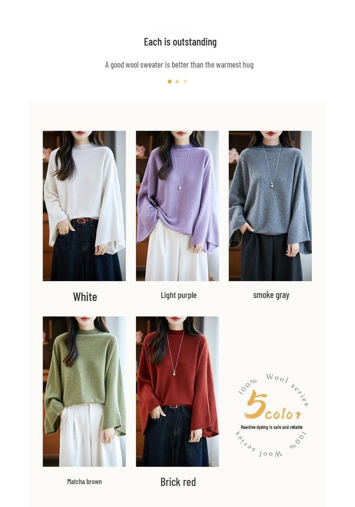 Women's Pure Wool Sweater - Bell Sleeves, Loose Fit, Half-High Neck, Trendy Autumn/Winter Knitwear