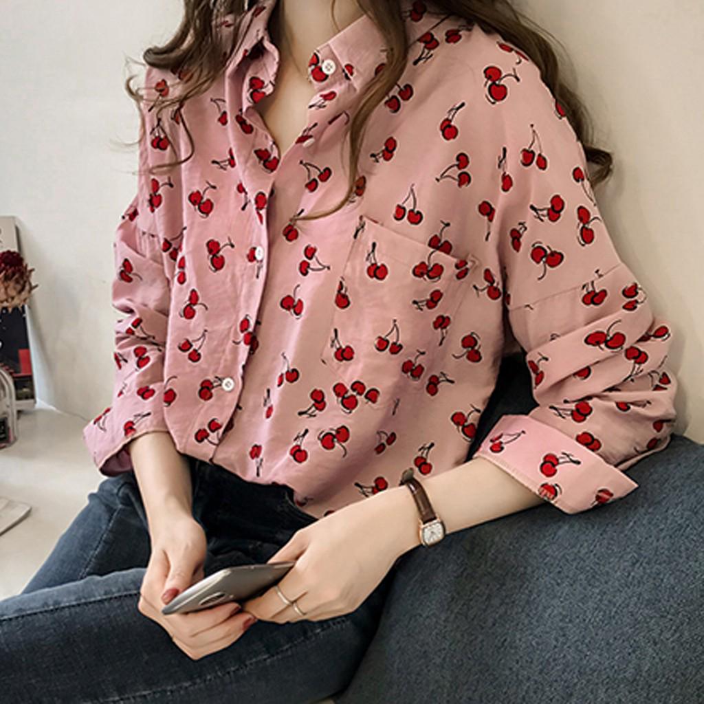 

Lady Fashion Women Top Retro Printing Long Sleeve Lapel Casual Shirt Blouse XXXXL розовый