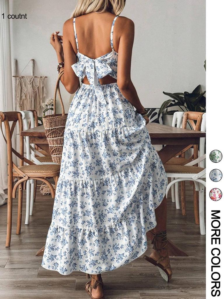 Robe à bretelles spaghetti en dentelle florale à lacets pour femme avec nœud et large ourlet