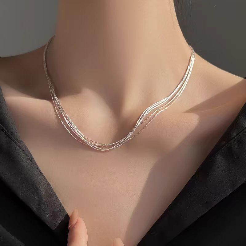New Sparkling Multilayer Exquisite Long Bling Chain Necklace Unisex Silver Color Metal Stylish Chokers Elegant Exquisite Jewelry
