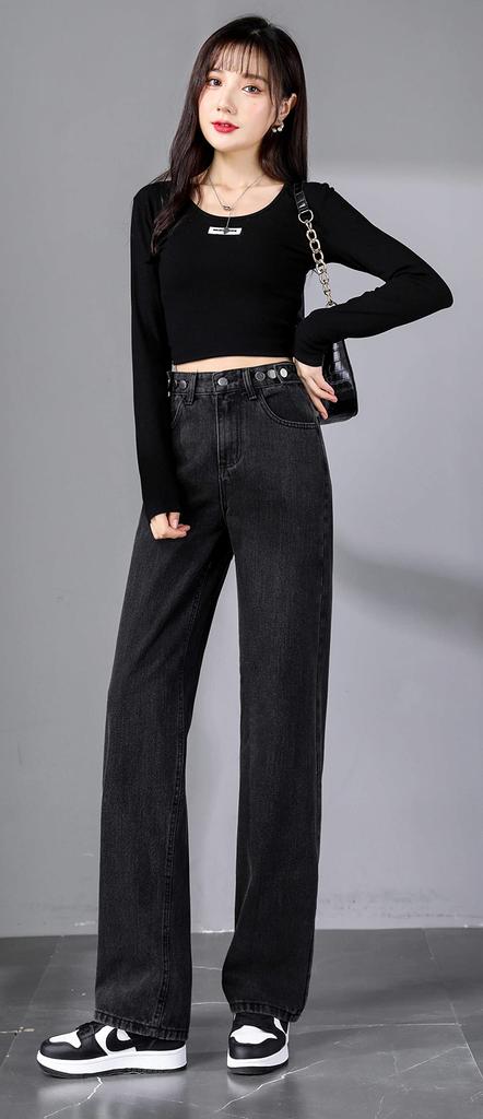 Wide Denim Casual Long Straight Loose Fit Women's High-Waisted Pants, Jeans,