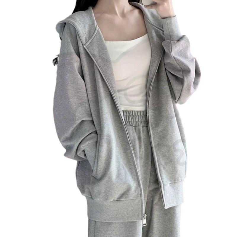 Dámská šedá mikina s kapucí a široké kalhoty - Ležérní podzimní/zimní dvoudílný set s kardiganovou bundou - Trend