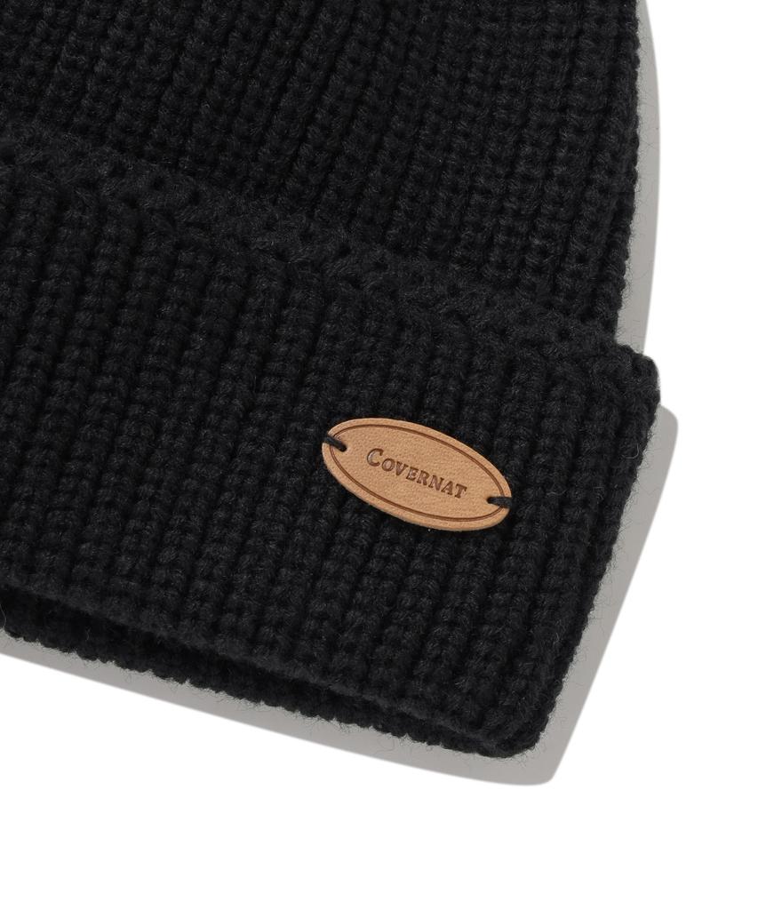 COVERNAT Authentic Leather Patch Acrylic Beanie Black
